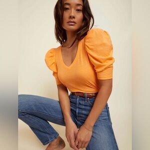 NATION Women's Puff Sleeve V-Neck Top in Orange